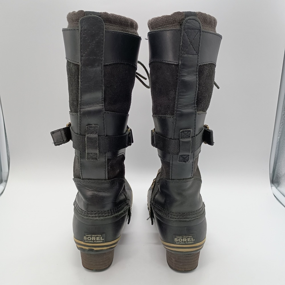 Sorel Conquest Carly Black Leather Rubber Tall Boots Womens 6.5 Rain Winter - Picture 6 of 14